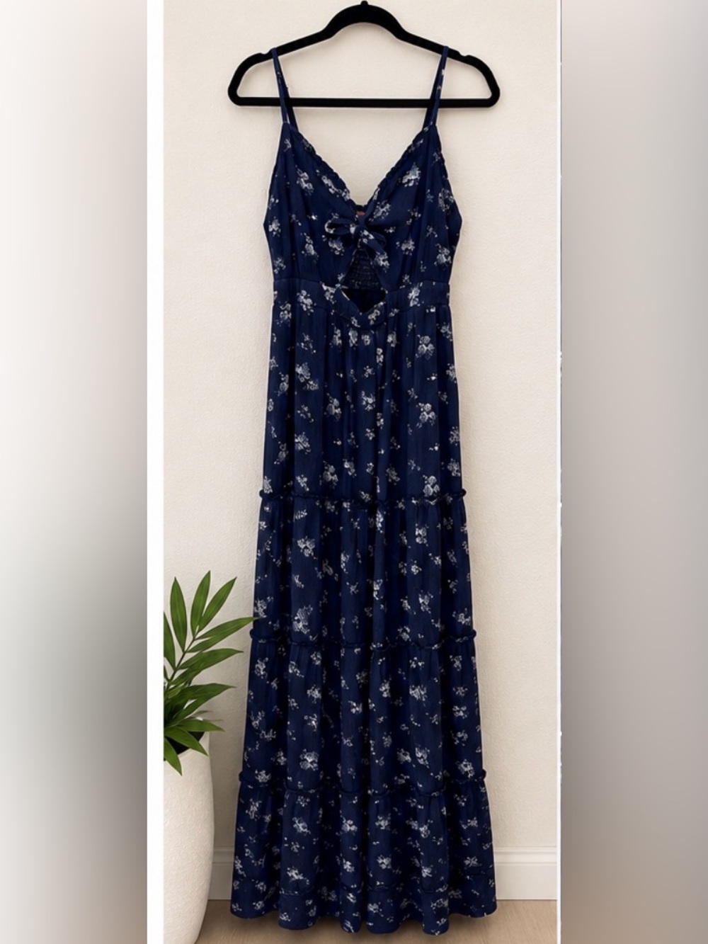 Navy Floral Maxi Dress with Tie Front